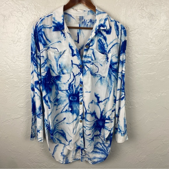CALIA tie-dye hi-low scalloped hem Swimsuit cover up button down shirt Small - Picture 1 of 9